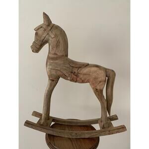 Vintage Decorative Wooden Rocking Horse Toy Hand Carved UnPainted  Folk Art